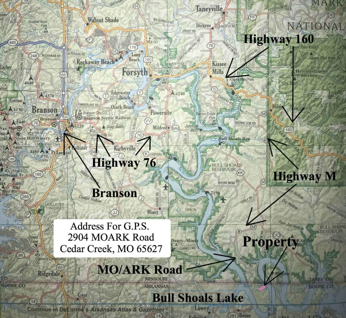 Road map to the property from Branson, MO.