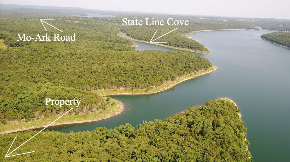 Aerial photo looking toward the lake. Bull Shoals is an awesome lake for fishing, tubing, boating, and even scuba diving.