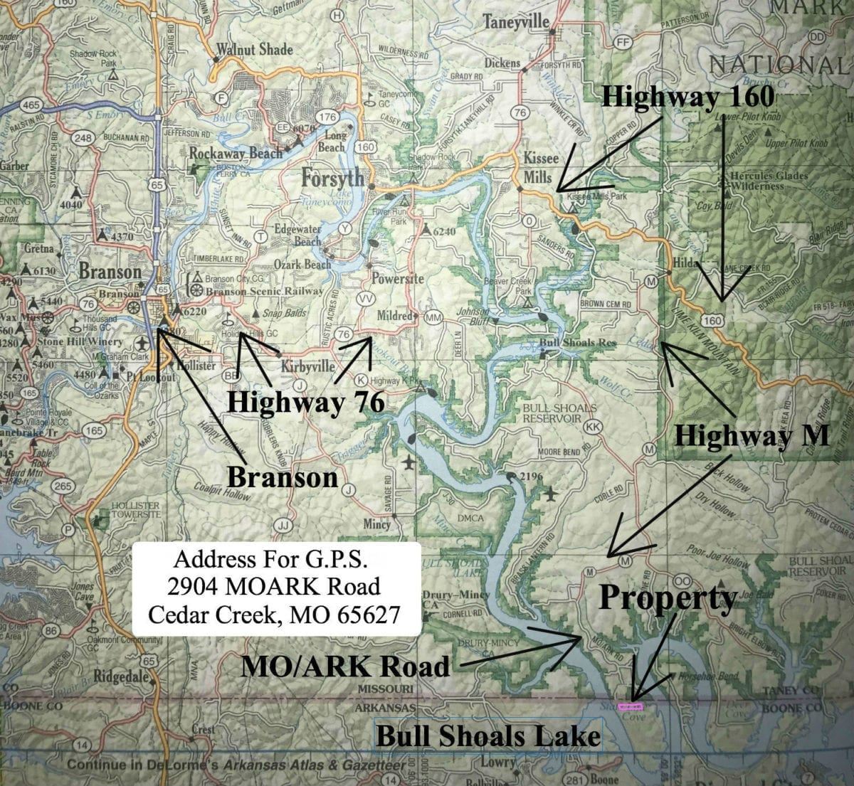 This helpful road map shows the route to the property from Branson, Missouri. Enter the address on this map into your G.P.S. and it should take you to the end of the paved road (Moark Road).