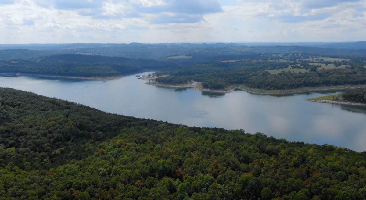 Aerial looking southwest toward Tucker Hollow Marina which is across the lake.