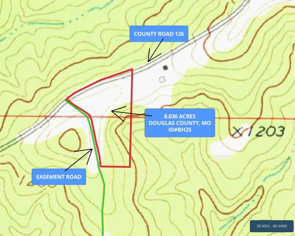 Topo map showing the property. It is basically level on the north side and it slopes down as you move to the south. It is steep on the southeast side.
